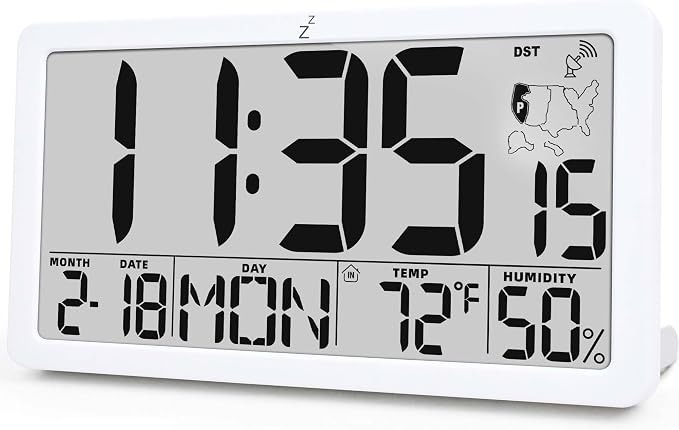 TXL Atomic Digital Wall Clock, Battery Operated with Temperature & Humidity, Auto DST, Date & Weekday, Easy Set Alarm, for Living Room, Bedroom, Office & Classroom (White)