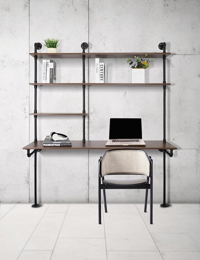 Industrial Pipe Computer Desk with Shelves,Wall Mounted Laptop Desks for Small Spaces,59 inch Bookshelf Narrow Writing Desk with Floating Shelves