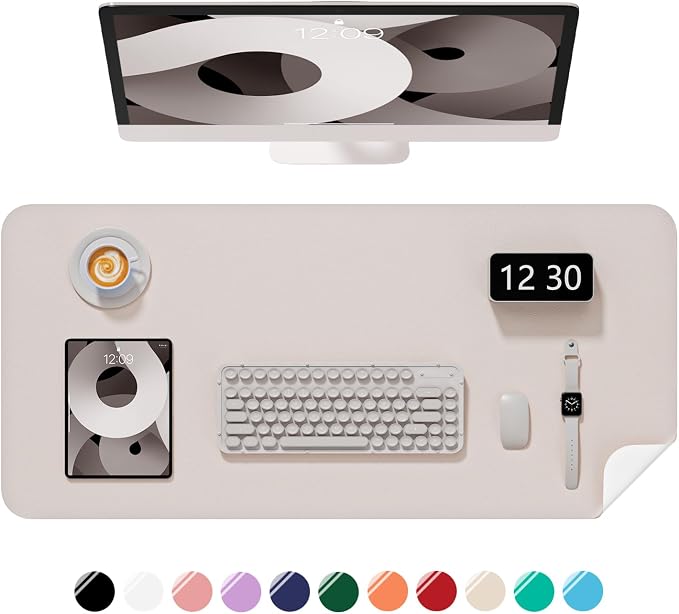Desk Pad, 30" x 14" PU Leather Non-Slip Desk Mat Large Mouse Pad for Desktop, Waterproof Laptop Computer Writing Mat for Office, Home, Work, Gaming, Beige Gray