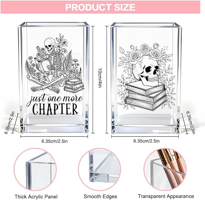 Just One More Chapter Acrylic Pen Holder Cup Set 2, Funny Skull Pencil Holder Desk Organizer, Skull Office Desk Accessories, Sarcastic Book Lover Gifts for Women Men Bookworms Coworkers Teachers