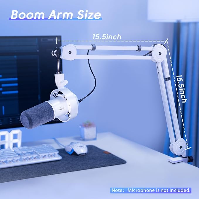FIFINE Microphone Boom Arm Stand, Metal Heavy Duty Mic Stand, Scissor Suspension Adjustable Boom Arm for Podcast Recording Streaming Gaming, with Desk Clamp, 5/8" Screw, Cable Ties-BM63 White