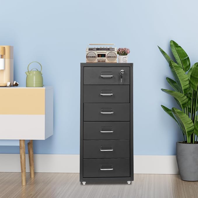 6 Drawer File Cabinet with Lock, Freestanding Filing Metal Drawers Organizer Vertical Metal Rolling Organizer Movable Under Desk Cabinet with Wheels for Home Office Living Room Study (6 Tiers Black)