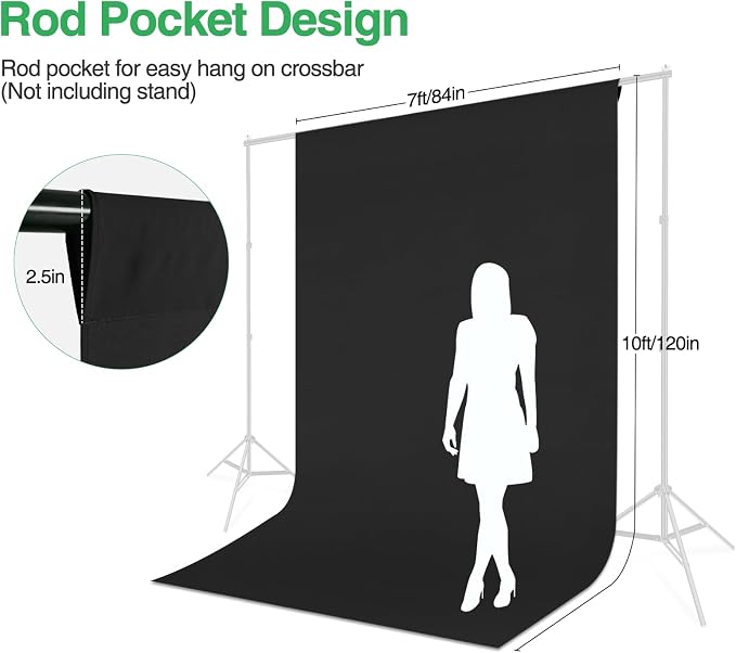Black Backdrop Curtain 7x10ft (WxH), Black Photo Backdrop for Photography Polyester Collapsible Background Screen for Portrait, Product Video, Pet, Photoshoot, Birthday, Party