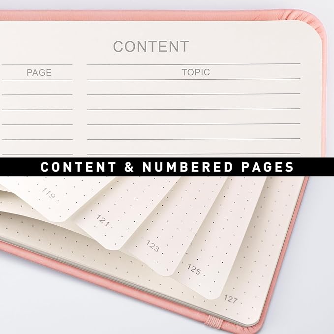 AHGXG Dotted Journal Notebook, 160 Numbered Pages, A5 Medium Size (5.7'' x 8.3''), 120 GSM Thick Paper, Leather Hardcover, for Journaling, Planning, Tracking (Pink)