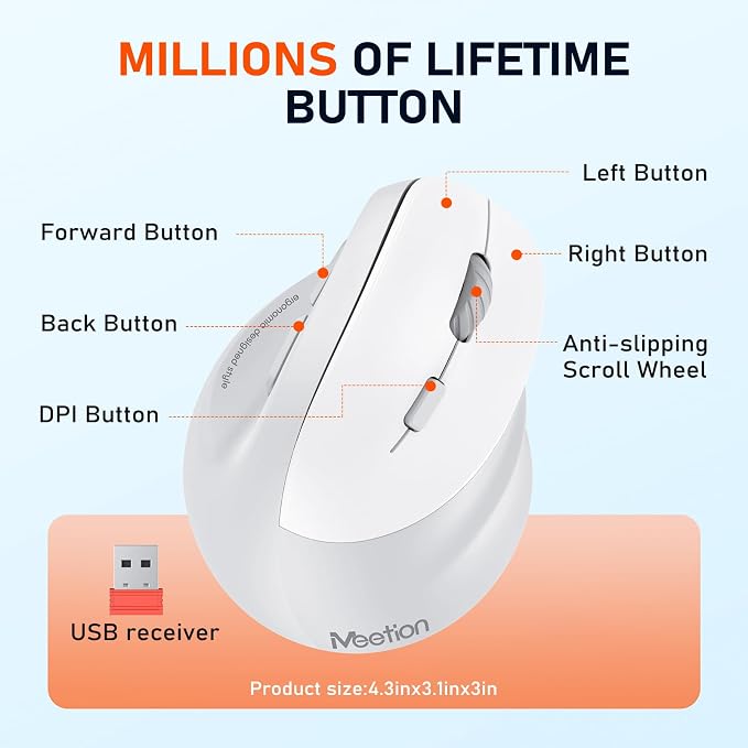 MEETION Ergonomic Mouse, Wireless Vertical Mouse RGB Backlit Rechargeable Mice for Bluetooth(5.2 + 3.0) & USB, 4 Adjustable DPI Mac/Windows/Andriod/Tablet/iPad Gray