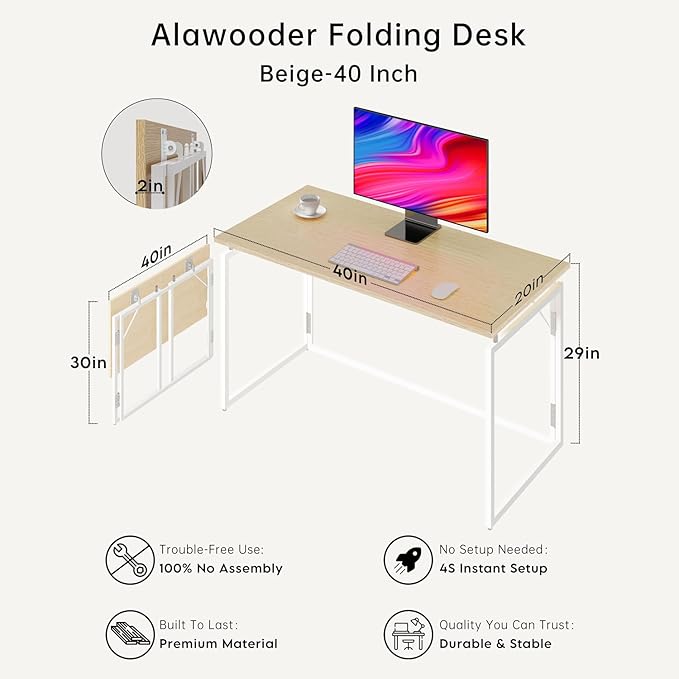 Folding Desk - 39.4” Wood Top Foldable Desk for Small Spaces | No Assembly Required Compact Desk for Home Office, Writing, and Study