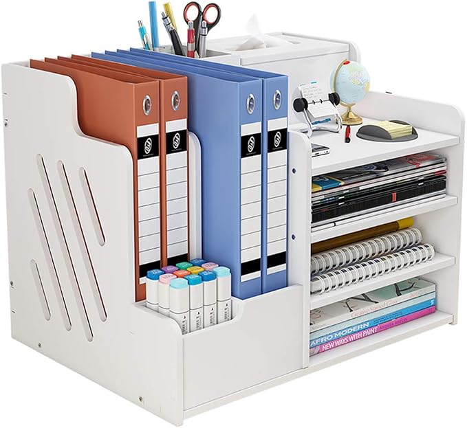 White Desktop Organizer, Multipurpose Desk Document File Tray Organizer Storage Display Shelf Rack for Home Office School(PB07)