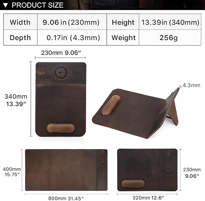 Hiram Premium Crazy Horse Leather Mouse Pad with 15W Wireless Charging - Ergonomic Wrist Rest, Waterproof, and High-End Cowhide Touch(9inx13in)