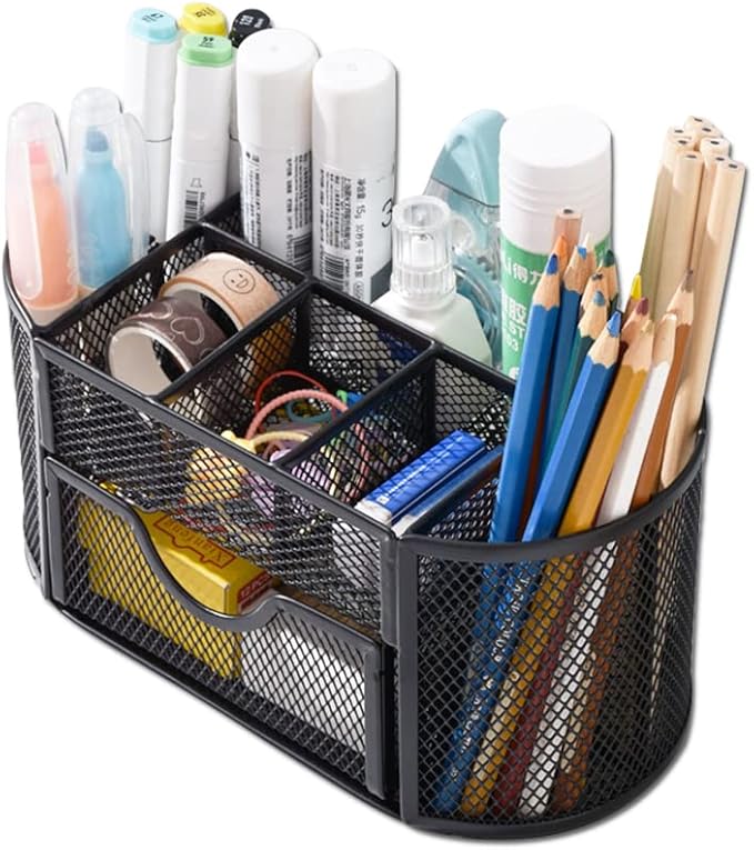 Desk Organizer Stationery Storage, Pencil Holder for Desk, Wire Mesh Office Supplies Desk Accessories Workspace Organizers with 9 Compartments and Mini Drawer (Black)