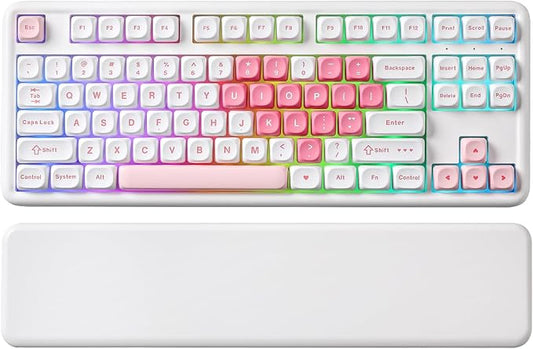 YUNZII B87 Wireless Mechanical Keyboard,QMK/VIA Programmable,TKL Layout 87 Keys,BT/2.4G/USB-C,Hot Swap Gasket Mount RGB Backlit Gaming with Wrist Rest for Win/Mac (White Heart, Milk V2)
