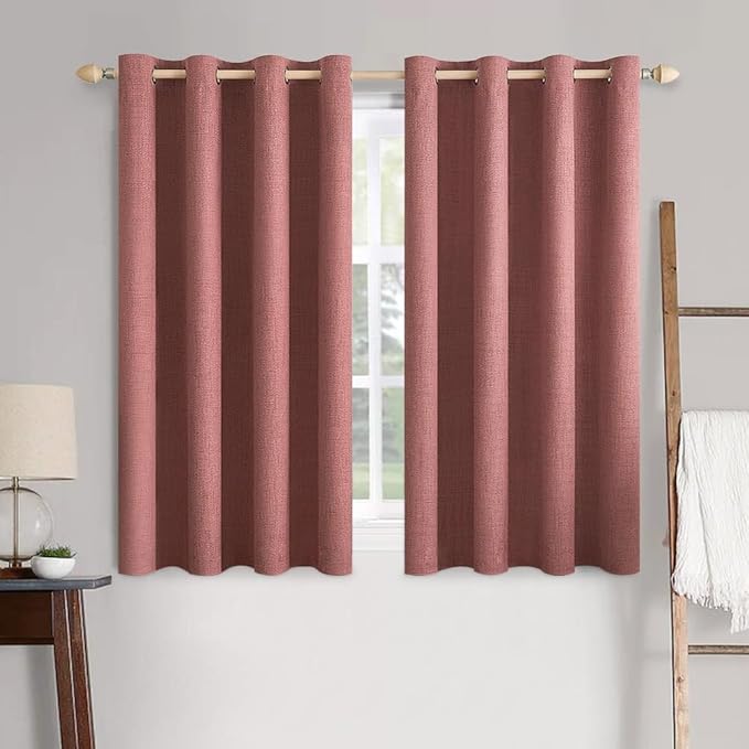 MIULEE 100% Blackout Linen Textured Curtains for Bedroom Solid Thermal Insulated Dusty Rose Grommet Room Darkening Curtains & Drapes Luxury Decor for Living Room 52 x 54 Inch (2 Panels)