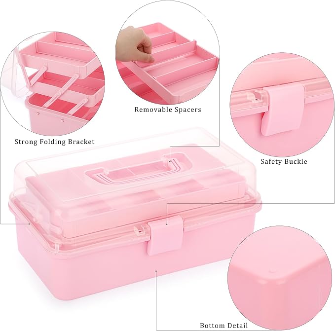 BTSKY 3-Layer Plastic Dividing Storage Box Craft Organizer and Storage | Portable Handled Art Supply Organizer with Adjustable Spacers Multipurpose Home Utility Box for Medicine, Sewing(Pink)