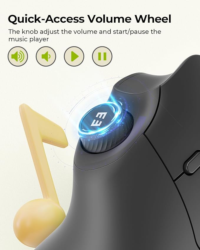 seenda Ergonomic Mouse Wireless, MOU-302 Bluetooth Vertical Mouse Rechargeable, Volume Knob, Silent Mice & 1000/1600/2400 DPI, 3 Multi-Device Connection for Windows/PC/Laptop/Mac/MacBook, Black