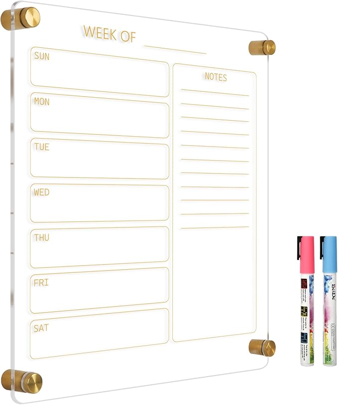 Small Acrylic Calendar for Wall, 12" X 14" Golden Clear Acrylic Wall Calendar, Clear Wet & Dry Erase Board Hanging Frameless Weekly Planner for Office, Home or School, 2 Markers