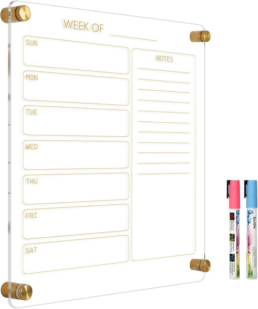 Small Acrylic Calendar for Wall, 12" X 14" Golden Clear Acrylic Wall Calendar, Clear Wet & Dry Erase Board Hanging Frameless Weekly Planner for Office, Home or School, 2 Markers