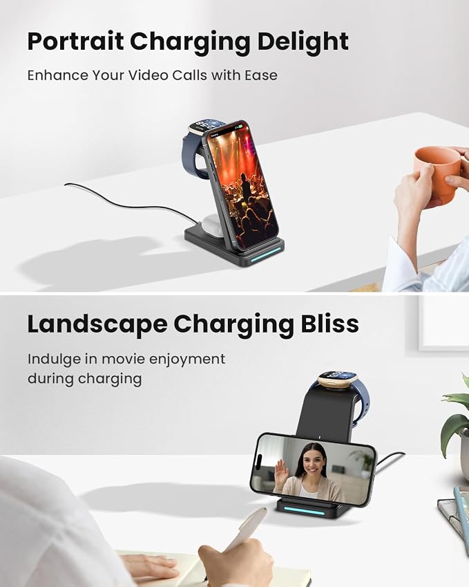 Wireless Charger for Fitbit Charging Station - GEEKERA 3 in 1 Phone Charger Stand for Fitbit Watch Sense 2/Sense/Versa 4/3, iPhone, Samsung, Google Pixel Phones, Androids, Airpods 4/3/2