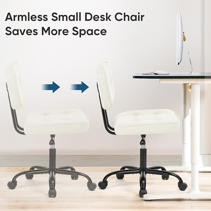 DUMOS Armless Office Desk Chair, Small Vanity Chair with Wheels | PU Leather, Computer Rolling Task, Height Adjustable, Bedroom Living Room, Ivory White