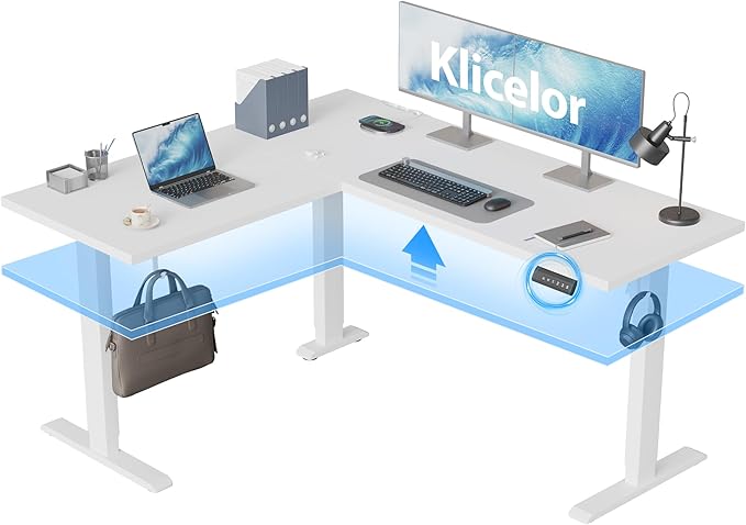 Klicelor L Shaped Standing Desk 59 x 48 Inch, Electric Height Adjustable Corner Desk for Home Office Workstation, Ergonomic Sit Stand Computer Table with Memory Controller, White