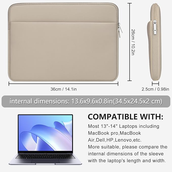 Laptop Sleeve Case Compatible with 13 to 14 inches MacBook Air/Pro HP Lenovo Asus Protective Portable Case with Front Pocket Padded Computer Pouch Cover Protective for 13” to 14” Laptop, Khaki