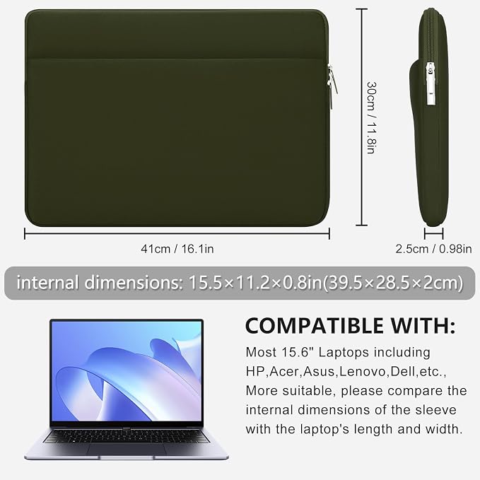 Laptop Sleeve Bag Compatible with 15.6 inches HP Asus Acer with Zipper Accessory Pocket Padded Computer Pouch Cover Shockproof Protective for 15.6” Laptop,Army Green