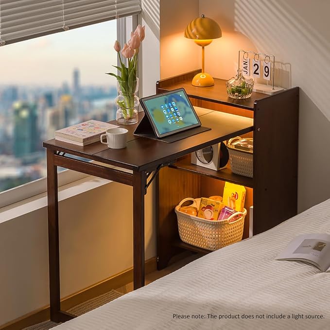 Bamboo Folding Desk with Storage, Space-Saving Foldable Computer Desk for Small Spaces, Vintage Fold Out Hideaway Small Desks Writing Study Table for Bedroom Home Office