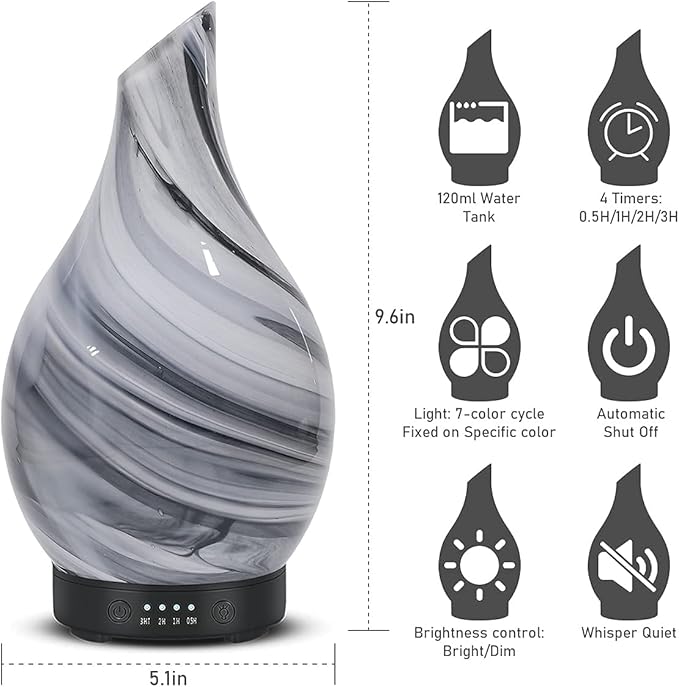 Essential Oil Diffuser Aromatherapy Diffuser - Art Glass Oil Diffuser with Auto Shut-Off Protection 4 Timer Setting 7 Colors Changed LED Night Light for Home Office Decor Gift (Grey Wave)
