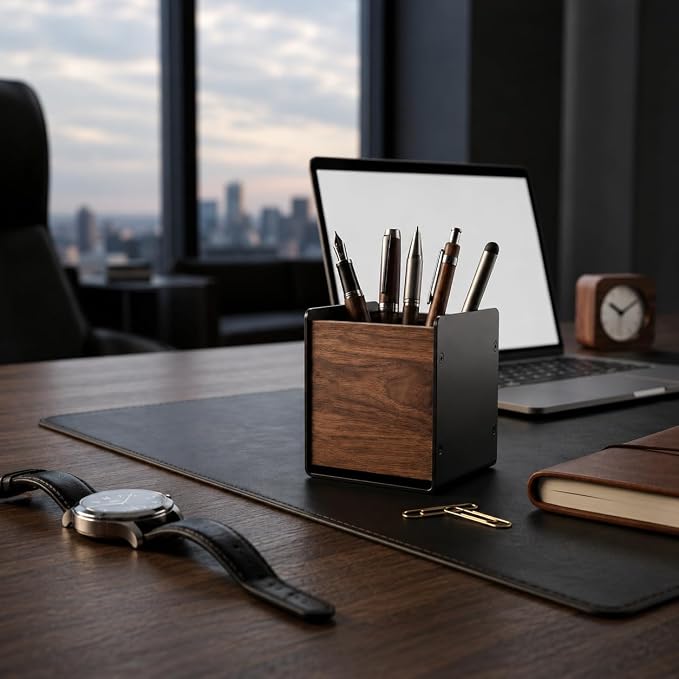Walnut Desk Organizer, Minimalist Pencil Holder for Office Desk | Walnut Wood Design Minimalist Desk Organizer Multi-Purpose Storage Office & Home Use Modern Desk Decor