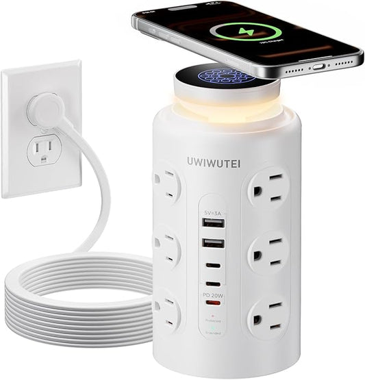 Tower Power Strip Surge Protector with Wireless Charging & Night Light - PD20W Fast Charging Station,12 Outlets, 5 USB (3 USB-C),1800J Protection, 10FT Extension Cord, Home Office Essentials(White)