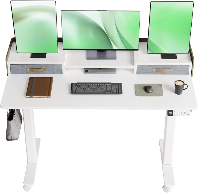 Claiks Standing Desk with Drawers & Wheels, 2 Height Shelf 48inch White | 2 height adjust shelf, tabletop drawers, felt fence design, sturdy supports 176 lbs, 4 wheels, 2 tire monitor stand