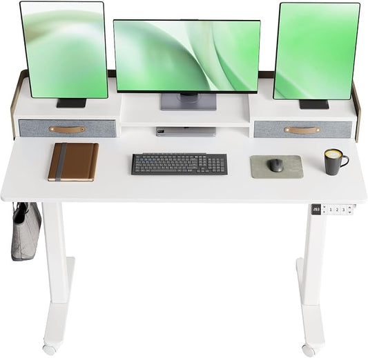 Claiks Standing Desk with Drawers & Wheels, 2 Height Shelf 48inch White | 2 height adjust shelf, tabletop drawers, felt fence design, sturdy supports 176 lbs, 4 wheels, 2 tire monitor stand