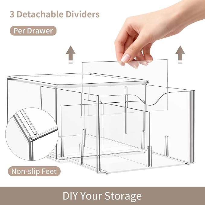 2 Pack Clear Tea Bag Organizers with Adjustable Dividers, Stackable Tea Drawer Organizer Box for Pantry, Coffee Bar, Kitchen Cabinet, Acrylic Food Storage Bins for Snacks, Sugar & Spice Packets