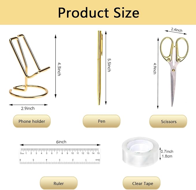 suniya Office Supplies,Gold Desk Accessories,with Stapler,Tape Dispenser,Pen Holder,Scissors,Phone Stand,Staple Remover,Ballpoint Pen,Clear Tape, Staples,Ruler,Clips,Best Gift for Business or Boss