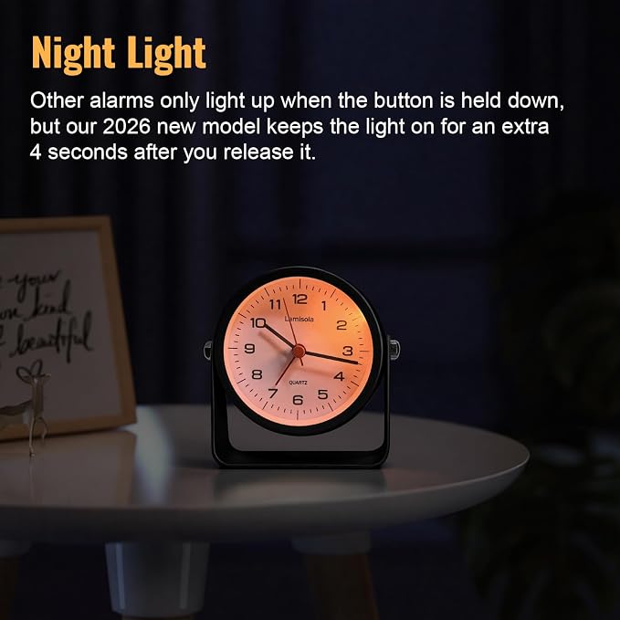 Lamisola 3.5 Inch Small Desk Battery Clock, Black Alarm Clock for Bedroom | Travel Clock for Bathroom Table Shelf Bedside, Cute Metal Vintage Silent Night Light Snooze for Kids Seniors