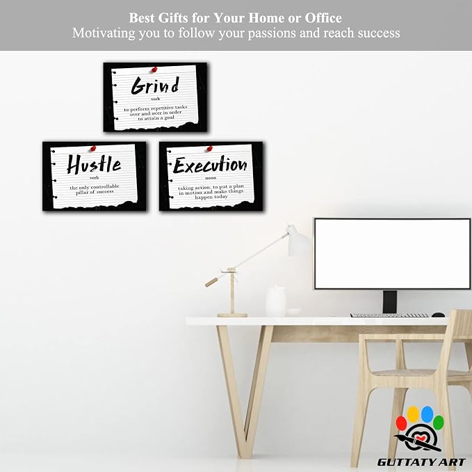 Office Wall Art - 3 Panel Motivational Wall Art, Inspirational Quotes Canvas Art for Home Office Wall Decor, Positive Quotes Wall Decor, Entrepreneur Grind Hustle Execution Poster Frame (12”x24”x3Pcs)