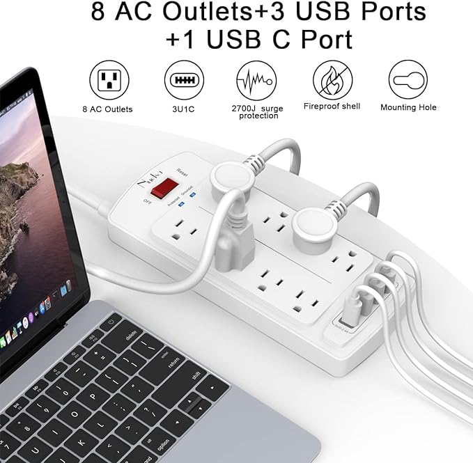 Surge Protector Power Strip - Nuetsa Flat Plug Extension Cord with 8 Outlets and 4 USB Ports, 10 Feet Power Cord, 2700 Joules, ETL Listed, White