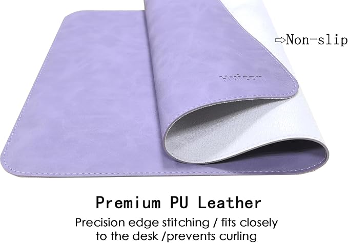 Soft Anti-Curl Faux PU Desk Mat 23.6"x13.8", Waterproof Heat Safe Non-Slip Vintage Desk Pad, Stitched Edge Wipeable Tear Resistant Desktop Protector for Work from Home Office (Purple)