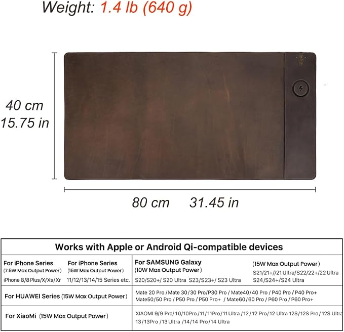 Contacts Full Grain Leather Wireless Charging Desk Mat with 15W Wireless Charger Type C Chargering Port Computer Desk Pad Large Mouse Pad 80x40 cm