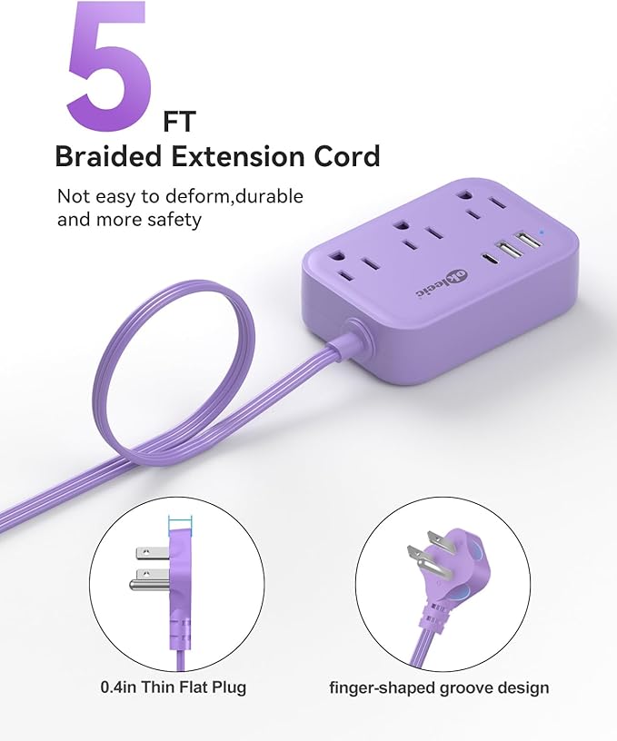 Purple Extension Cord with 3 Outlets & 3 USB(1 USB C), Cute Small Extension Cord 5ft, Travel Power Strip Flat Plug with USB Charging Station, Compact for Cute Purple Kawaii Lavender Desk Accessories