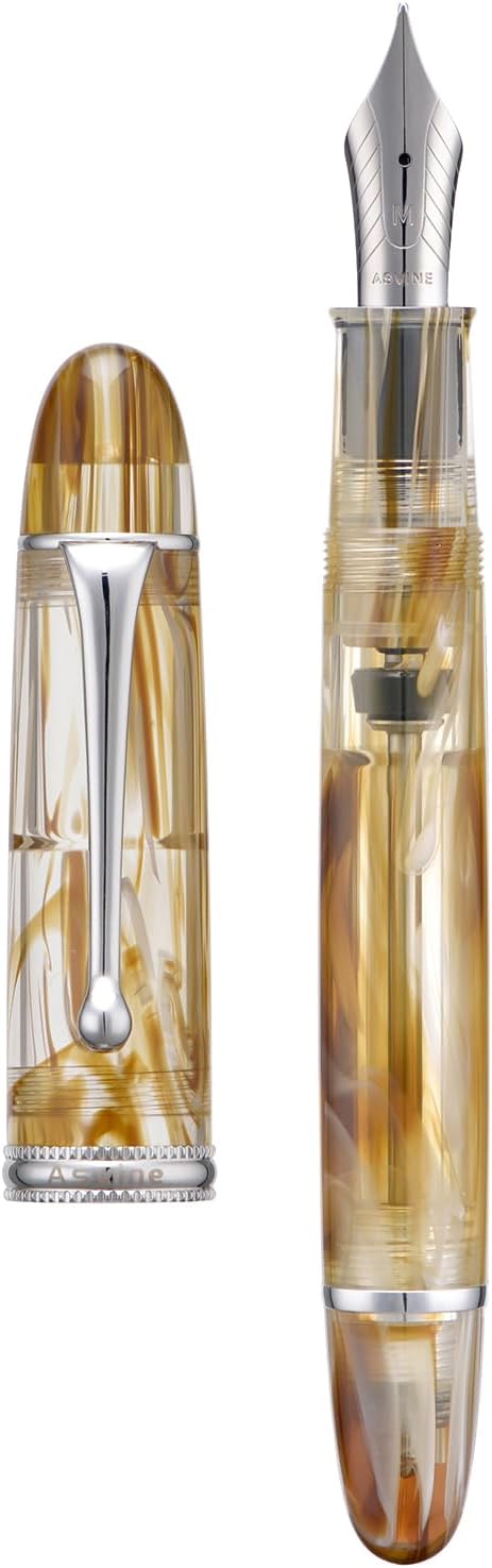 Asvine V800 Fountain Pen – Vacuum Filling System with Large Ink Capacity – Smooth Number 8 Medium Nib with Gift Case and Wrench- Brown White