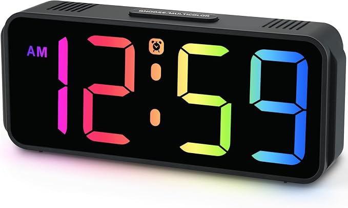 Peakeep Small Cute Digital Alarm Clock Plug-in for Kids Bedrooms Bedside | RGB Colorful Changing Large Display Full Screen, Dimmable 6 Brightness, Corded Electric Battery Backup (Black - RGB)
