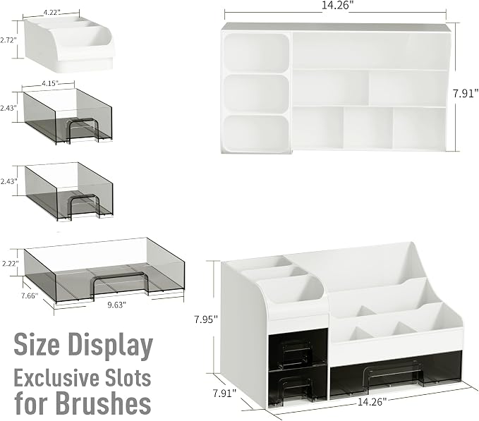 Makeup Organizer with Drawers,Large Cosmetic Storage Box,Countertop Skincare Organizer,ABS Makeup Brush Holder for Bathroom,Desk,Dresser,Multifunctional Beauty Display Case,White transparent