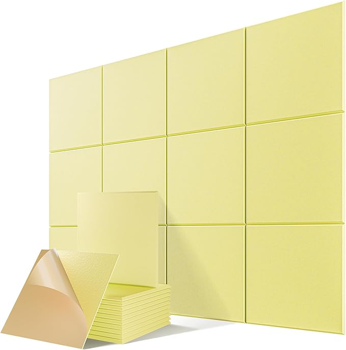 12 Pack Self-Adhesive Acoustic Panels, 12" X 12" X 0.4" High-Density Polyester Sound Proof Foam Panels for Walls, Soundproof Wall Panels for Home & Office (Light Yellow)
