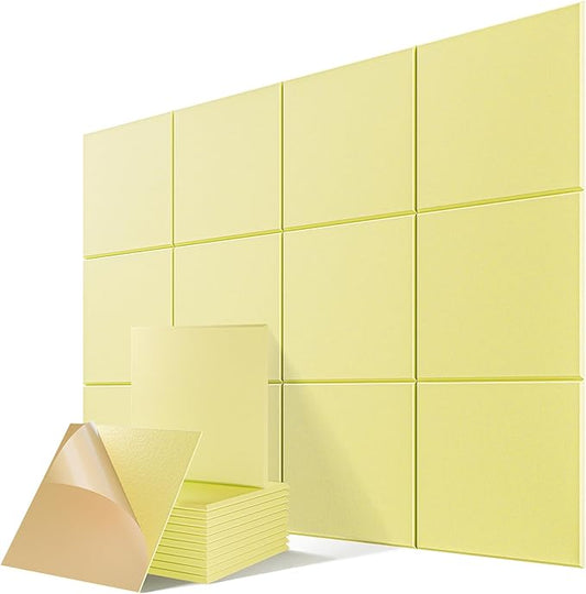 12 Pack Self-Adhesive Acoustic Panels, 12" X 12" X 0.4" High-Density Polyester Sound Proof Foam Panels for Walls, Soundproof Wall Panels for Home & Office (Light Yellow)