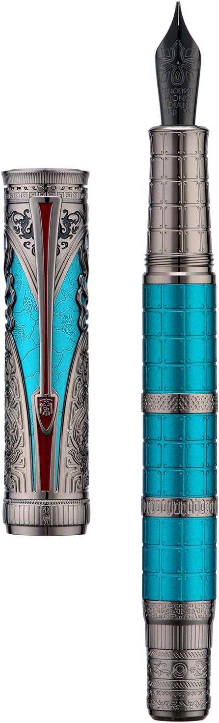Hongdian D5X Fountain Pen Turquoise Color Medium Nib, Qin Dynasty Retro Chinese Totem Engraving Smooth Writing Pen with Converter and Pen Box Set