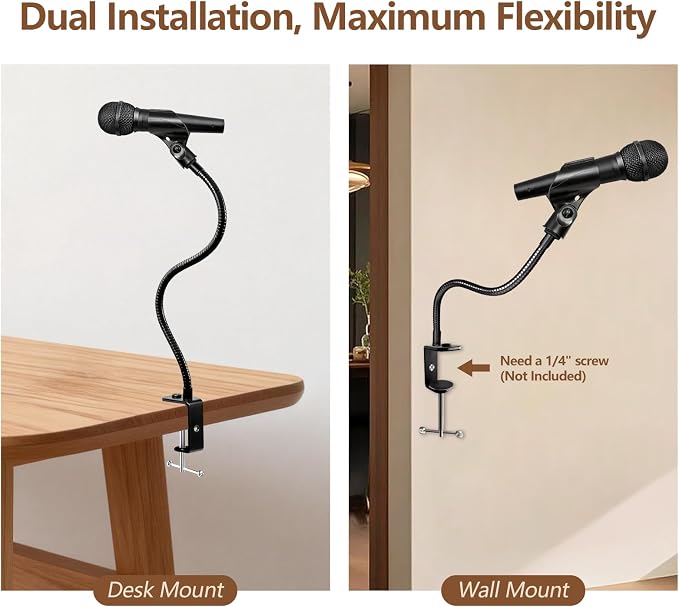 BILIONE 2 In 1 Gooseneck Mic Stand with Phone Clip, 13 Inch Flexible Mic Arm Desk Mount for Podium, Lecture, Podcast, Studio, Microphone Holder Compatible with Shure SM58, Beta 58A, Samson Q2U