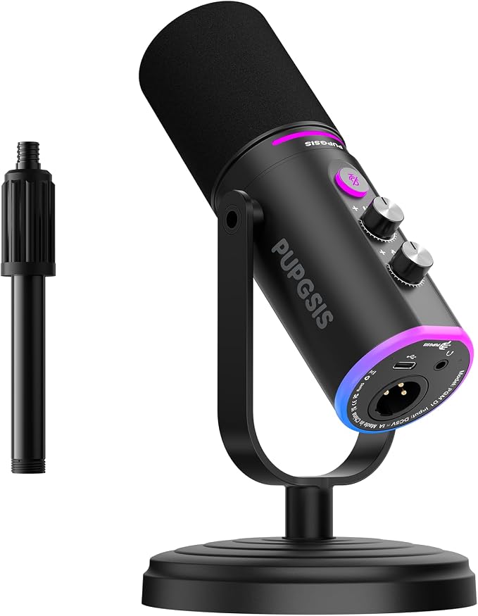 PUPGSIS Podcast Dynamic Microphone, XLR/USB Recording PC Microphones for Broadcast, Podcast, Recording, Gaming & Streaming, Studio Mic with Mute, Headphone Jack, Monitoring Volume Control, Windscreen