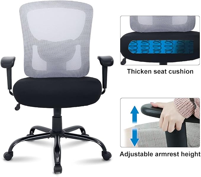 Big & Tall Office Chair Heavy Duty 400LBS Computer Desk Chair Ergonomic Task Rolling Swivel Mesh Chair with Lumbar Support & Adjustable Armrest Executive Chair for Women Men, White