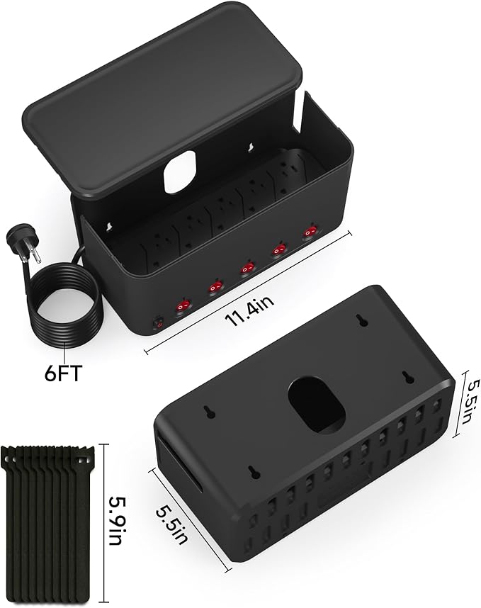 Power Strip with Cable Management Box, Large Cable Organizer Box, Black | Power Strip Box with 10 AC and 3 USB,6 ft Flat Plug Extension Cord,Outlet Hider Charging Station,Hidden Desk Cord Organizer
