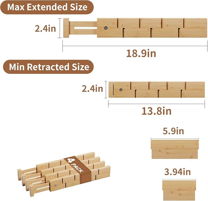 Bamboo Drawer Dividers 4 Pack with Inserts, Kitchen Adjustable Drawer Organizers for Home, Bedroom, Dresser, Expandable Organization 4 Dividers with 8 Inserts