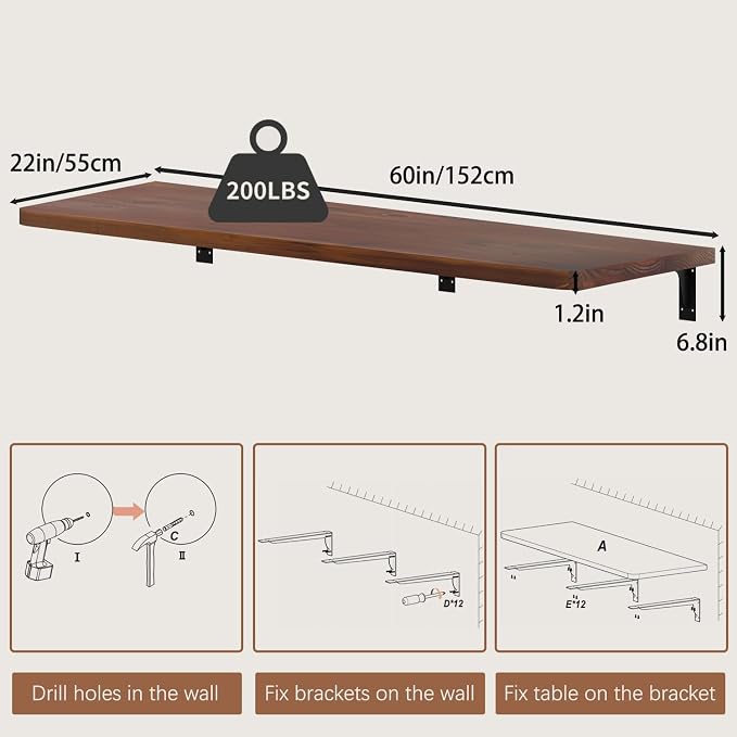 Floating Wall Mounted Table Desk with Pine Wood,72" x 22" Workbench for Garage,Home Office Desks with Heavy Duty Brackets,Work Table for Kitchen,Dining,Laundry (60 * 22 * 6.8 Inch)